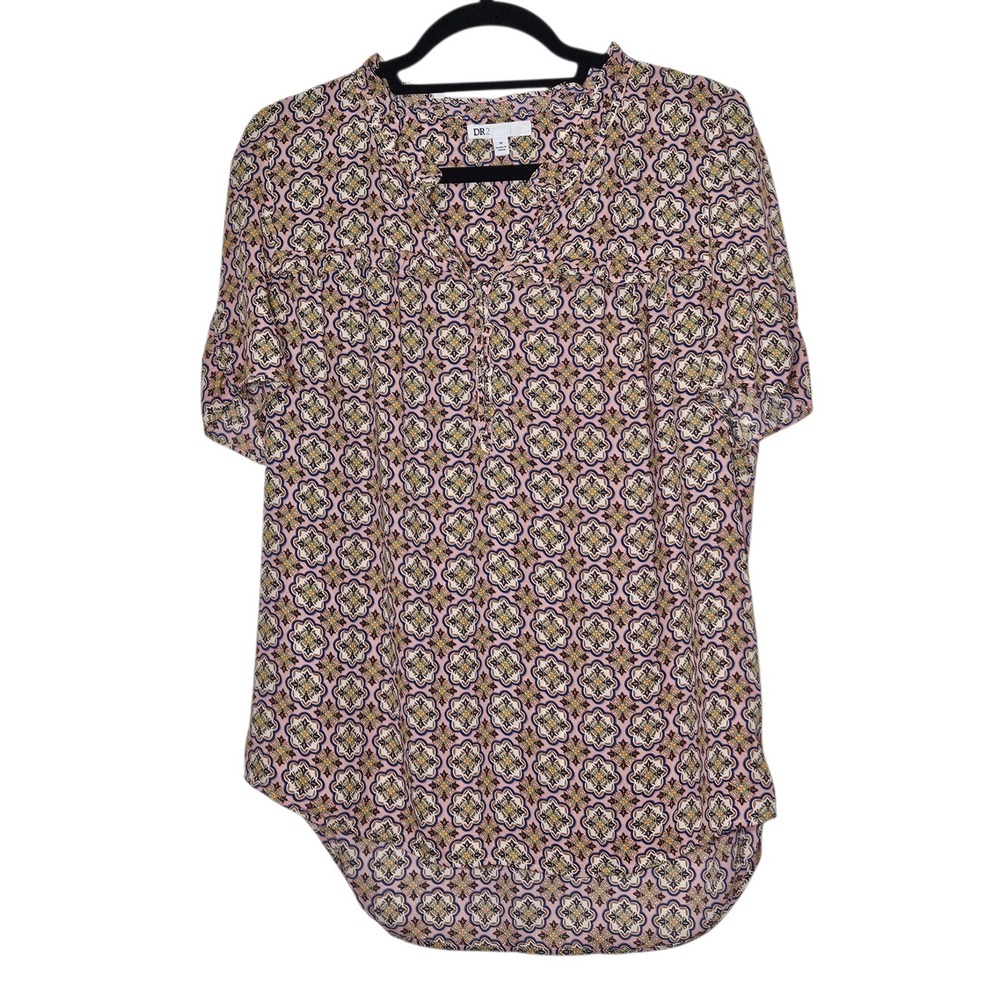 DR2 Women's Pink Geometric Print Short Sleeve Blouse‎ Top Lightweight   Loose M